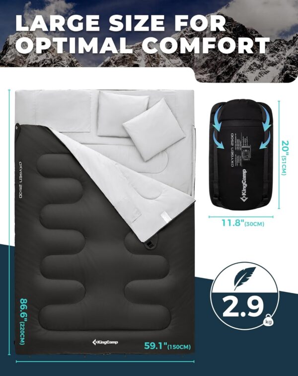 KingCamp Double Sleeping Bag Oxygen with 2 Pillows Queen Size & Extra-Large Rectangular Sleeping Bags for Adults 4 Seasons Waterproof Envelope Sleeping Bag for Camping Festivals Hiking Indoor Outdoor