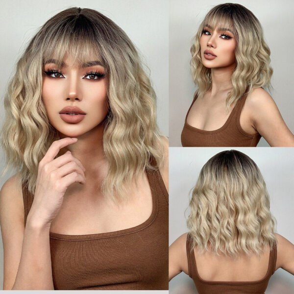Women Grey Wavy Bob Wigs Bangs Short Blonde Ombre Synthetic Wig With with Dark Roots Natural Hair for Daily Use