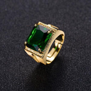 HOYON Popular Emerald Men's Jewelry Retro Style Square Ethnic Rings 14k Gold Color Open Green Diamond Ring for Gift box