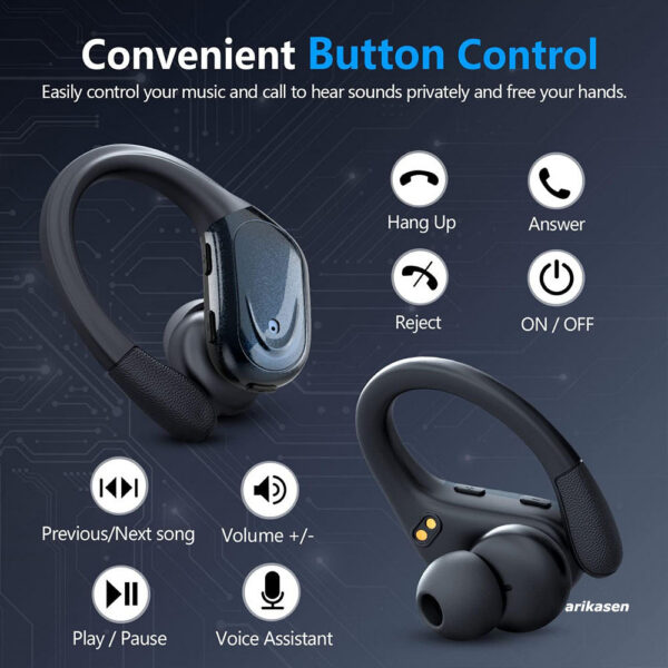Wireless Earbuds Sport Bluetooth 5.3 Headphones with Noise Cancelg Mic 75H HiFi Stereo Over Ear Bud LED Display USB-C IPX6
