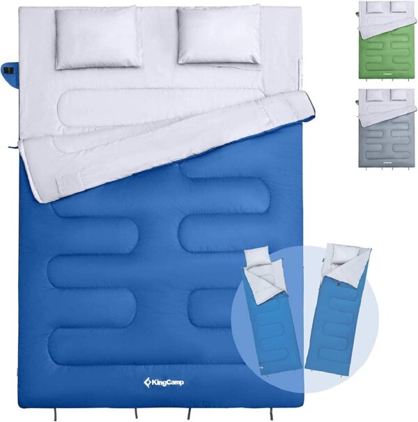 KingCamp Double Sleeping Bag Oxygen with 2 Pillows Queen Size & Extra-Large Rectangular Sleeping Bags for Adults 4 Seasons Waterproof Envelope Sleeping Bag for Camping Festivals Hiking Indoor Outdoor