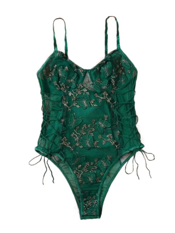 513af0309480fa2e Lilosy Women Sexy Lace Up Floral Embroidered Teddy Lingerie Bodysuit Top Mesh Sheer One Piece