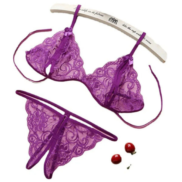 5180b57799be14a5 Sexy Lace-up Lingerie Set Women Hot Exotic Open Crotch Transparent Underwear G-string Bandage Bikini Three-point Set