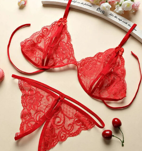 51a7d8837832ed78 Sexy Lace-up Lingerie Set Women Hot Exotic Open Crotch Transparent Underwear G-string Bandage Bikini Three-point Set