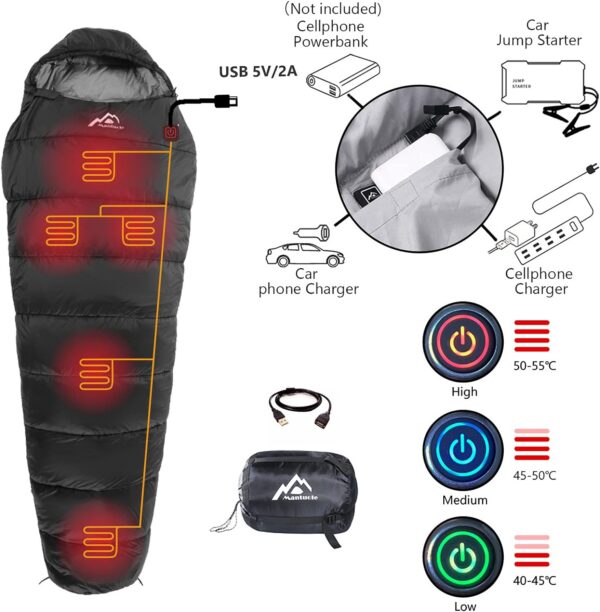 51bb9fdc51ab0547 Heated Sleeping Bag 5pcs Multi USB Power Support Heating Pads,Operated with Battery Power Bank or Other USB Power Supplies, Portable Compact Bag, Mummy Style.