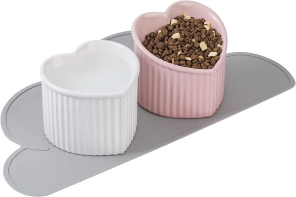 51ee15991ffb16cb Cat Food Water Bowl Set - Raised Ceramic Cat Feeding Bowls with Non Slip Mat - Elevated Cat Dish Anti Vomiting - Whisker Friendly Wide Cat Bowl - Microwave and Dishwasher Safe - White & Pink (2pcs)