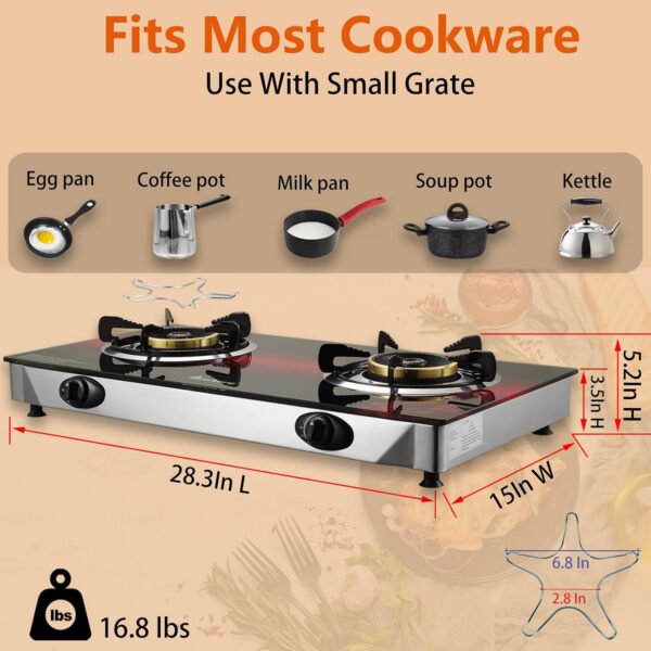 520a1811964c7f6f Propane Stove 2 Burner Gas Stove, 28800 BTU High-Efficiency Auto Ignition Tempered Glass LPG Cooktop with CSA Regulator and Hose – for Outdoor Camping, RV, and Emergency Cooking
