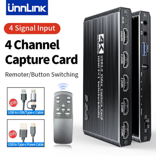 5226968f2a7bd4d2 Unnk 4K Video Capture Card 1080P 60fps to USB 3.0 Camera Grabber Recording 4 HDMI Channel Input for Live Streaming