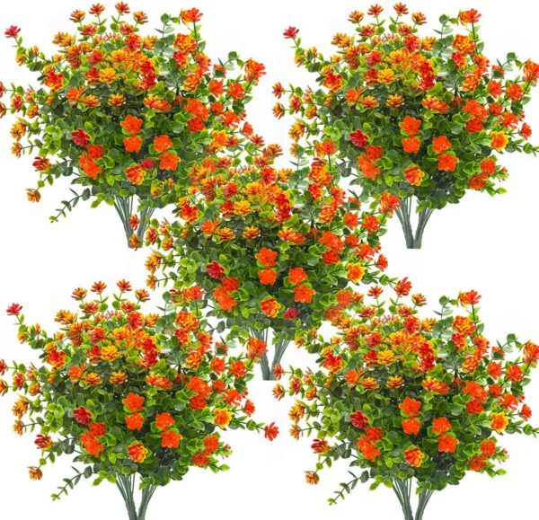 Grunyia 10 Bundles Artificial Fake Flowers, Faux Outdoor Plastic Plants UV Resistant Shrubs Outside Indoor Decorations (Purple-Eucalyptus)