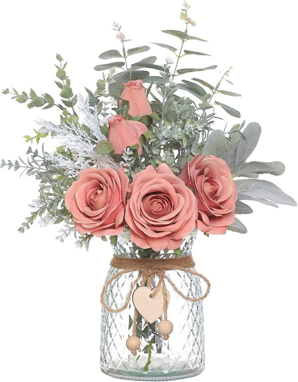 Faux Flowers with Vase,Artificial Silk Roses in Vase, Fake Plant Eucalyptus Flower Arrangement for Home Office Farmhouse Bathroom Dining Table Centerpiece Decorations Coffee Table Decor (Burgundy)
