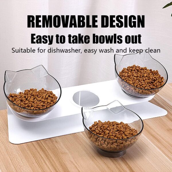 Raised Cat Bowl with Stand, 15° Tilted Cat Bowls for Kittens Elevated Cat Bowl Anti Vomiting Double Cat Bowls Plastic Transparent Cat Feeding Bowl