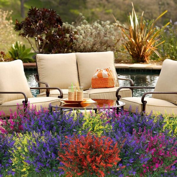 8 Bundles Outdoor Artificial Lavender Fake Flowers UV Resistant Shrubs, Faux Plastic Greenery for Indoor Outside Hanging Plants Garden Porch Window Box Wedding Farmhouse Decor (Orange Red)