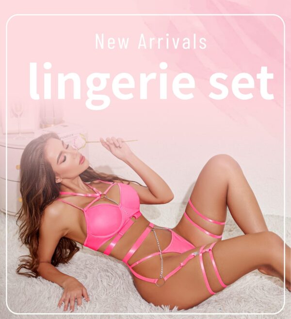 Avidlove Set for Women Sexy Strappy 5 Piece Lingerie Garter with Underwire Push Up Bra and Chain