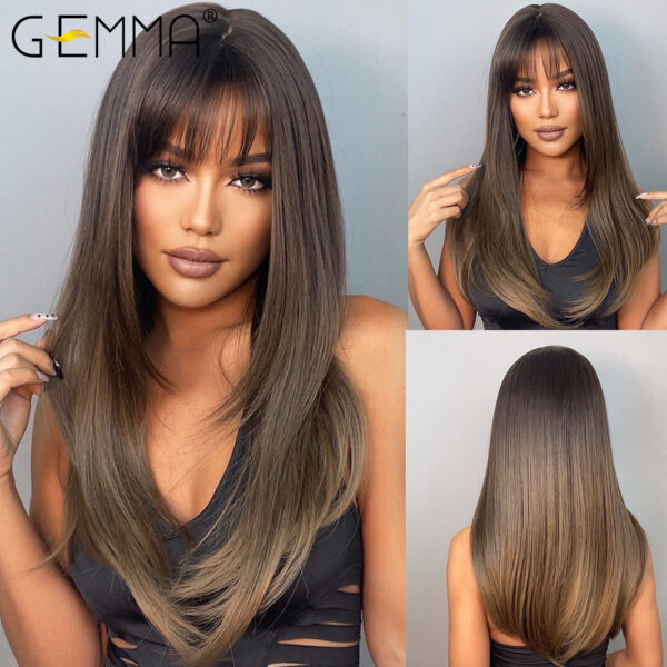 GEMMA Ombre Brown Blonde Long Straight Synthetic Wigs with Bangs Cosplay Wig for Women High Temperature Natural Fake Hair