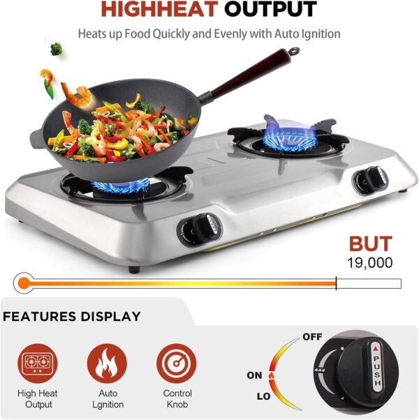 Propane Stove 2 Burner Gas Stove,Portable Stainless Steel Stove,Auto Ignition Camping Dual LPG for RV, Apartment, Outdoor