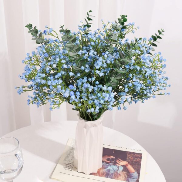 18pcs Babys Breath Eucalyptus Leaves Bouquet Blue Gypsophila Artificial Flowers and Faux Greenery for Home Decor