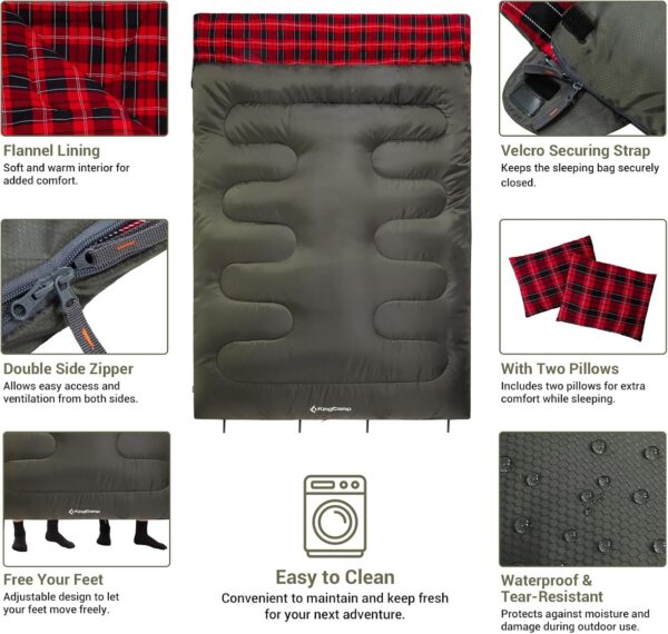 KingCamp Double Sleeping Bag for Adults, Queen Size 2 Person XXL Flannel Sleeping Bag, Waterproof Lightweight Flannel Quilt with 2 Pillows, Perfect for Couples Family Camping Hiking