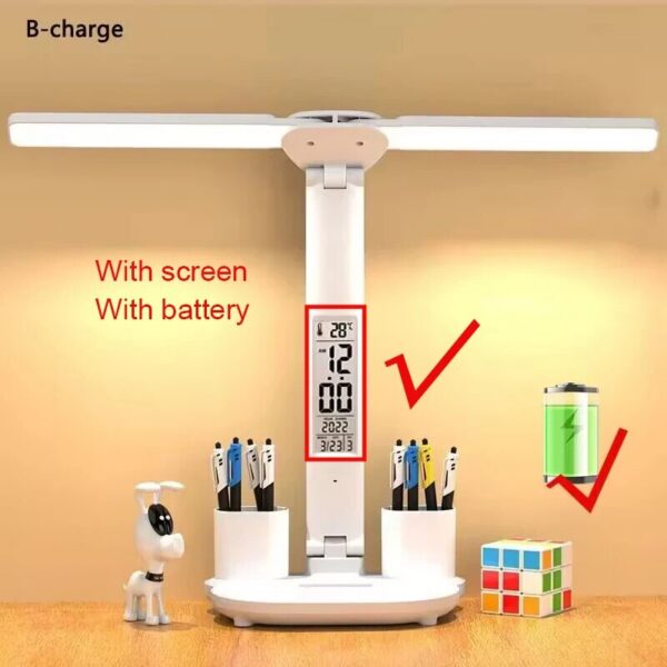 56f5395658b25807 LED Clock Table Lamp USB Chargeable Dimmable Desk Lamps 2 Heads 180 Rotate Foldable Eye Protection Desktop Reading Night Lights