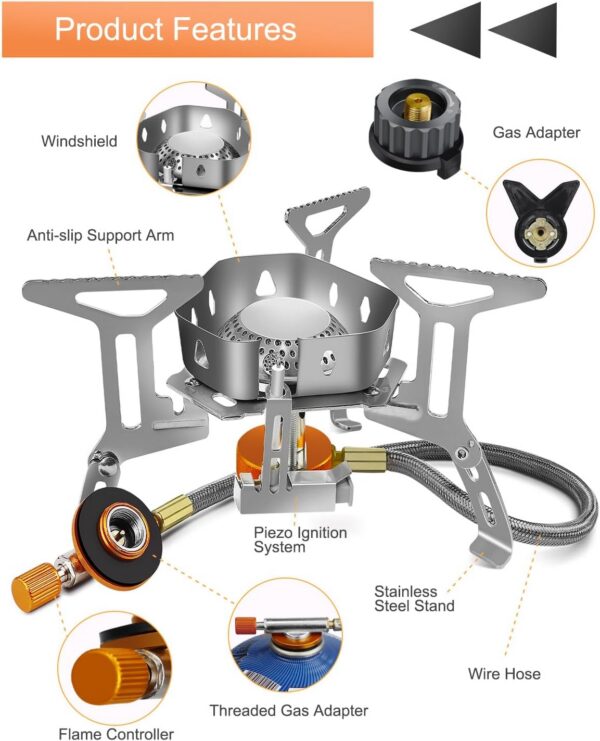 AUTOPkio Camping Gas Stove 3500W, Portable Gas Stove Windproof Backpacking Outdoor Stove with Piezo Ignition Adapters Converter for Outdoor Hiking, Picnic, Trekking, BBQ