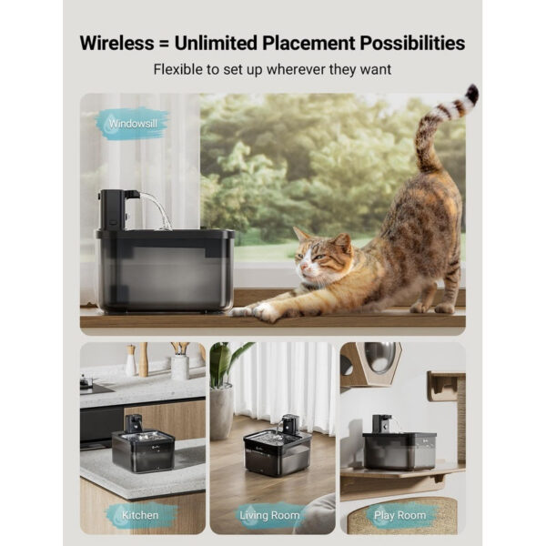DownyPaws 2.5L Automatic Stainless Steel Cat Water Fountain 4000mAh Wireless Pet Drinker Battery & Sensor 2 in 1 Dispenser