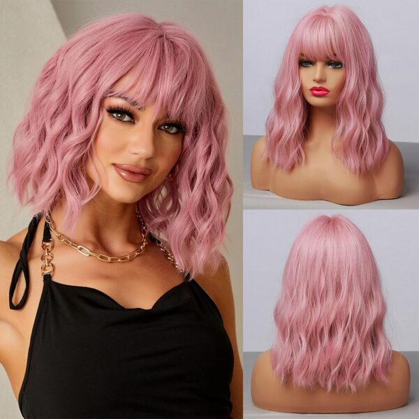 571be994a920e93c HAIRCUBE Synthetic With Bangs Short Bob Pink Wigs Curly Wavy Shoulder Length Cosplay Daily Colorful Wig