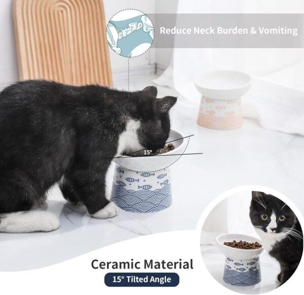 57d81fd9071860a2 TAMAYKIM Tilted Ceramic Raised Cat Bowls, 8 OZ Food and Water Bowls Set for Kitty, Porcelain Elevated Stress Free Feeding Pet Dish, Dishwasher and Microwave Safe, 2 Pack (White & Grey)