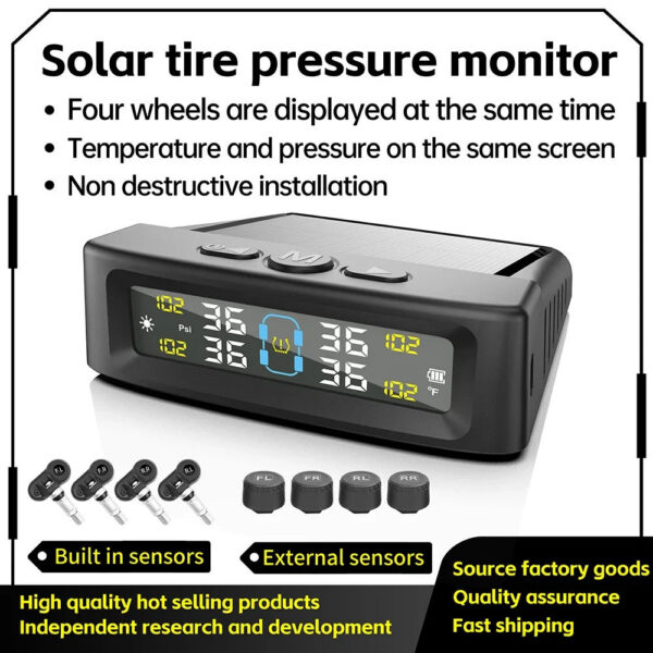 57fcb7229dabf938 TPMS Tire Pressure Monitoring Car Safety Alarm System Wireless Solar/USB Powered 4 Sensors with Color Digital Display