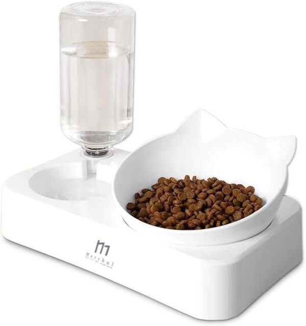 Marchul 3 in 1 Cat Bowl, Cat Food and Water Bowl Set, 10°Tilted Cat Food Bowl, Raised Cat Bowl with Automatic Water Dispenser Bottle, Detachable Wet and Dry Cat Dishs for Cat and Puppy