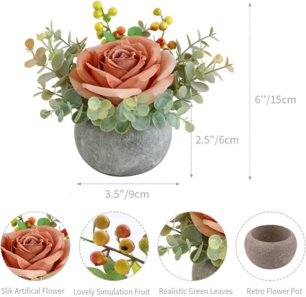 Artificial Flowers Kit with Pot, Combination of Fake Silk Orange Roses and Greenery,Small Plant Potted Decor for Offices,Bookshelf,Bedroom, Living Room,Party,Wedding Decorations…