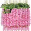 U'Artlines 12 Pack (Total 43.2 Feet) Artificial Fake Wisteria Vine Rattan Hanging Garland Silk Flowers String Home Party Wedding Decor (12, Pink)