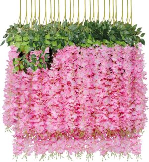 U'Artlines 12 Pack (Total 43.2 Feet) Artificial Fake Wisteria Vine Rattan Hanging Garland Silk Flowers String Home Party Wedding Decor (12, Pink)