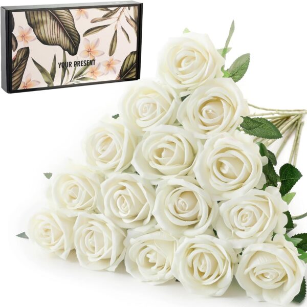 15Pcs Artificial Roses Velet Real Touch Single Stem Fake Roses Silk Realistic Bouquet Flowers Arrangements Home Office Garden Grave Party Wedding Decoration(Light Pink-15p, Blossom Roses)
