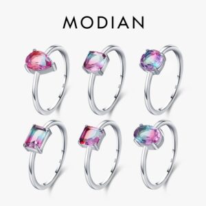 Modian Fashion Cocktail Color Ring Pure 925 Sterling Silver 6 Shape Geometric Tourmaline Finger Rings for Women Fine Jewelry