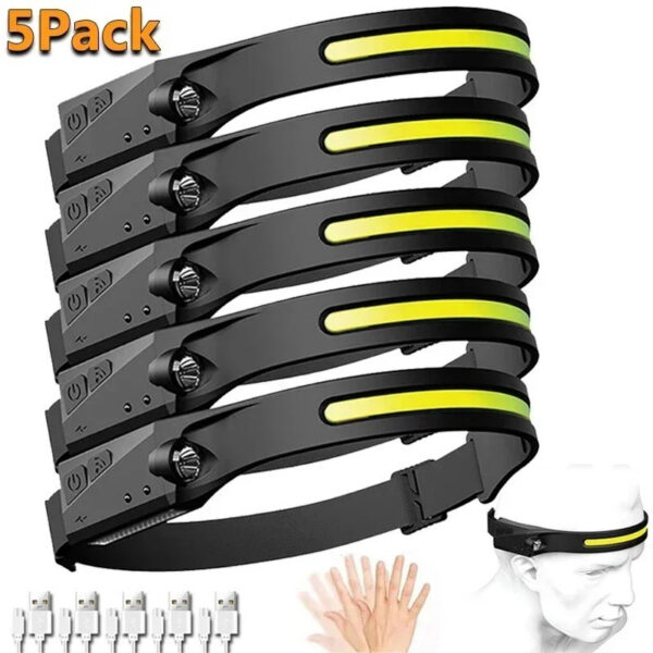 Sensor Headlamp LED Flashlight Rechargeable Headlight Head Torch Built-in Battery 5 Lighting Modes Fishing Camping Lantern