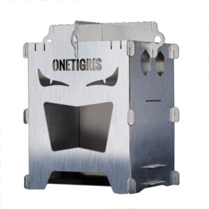 OneTigris ROCUBOID Holzofen Tragbarer Campingofen aus Edelstahl Camping Kocher Alkohol Ofen für Wandern Bushkraft Trekking Outdoor inkl. Tragetasche(Edelstahl 304)