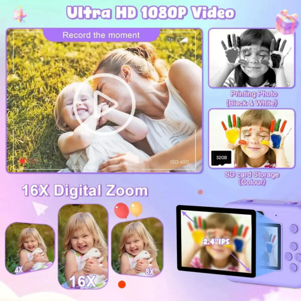 59cb09a8e3b9afb1 Children's Mini Digital Video Camera with Thermal Printing & Multiple Image Stabilization, 32GB Card Included