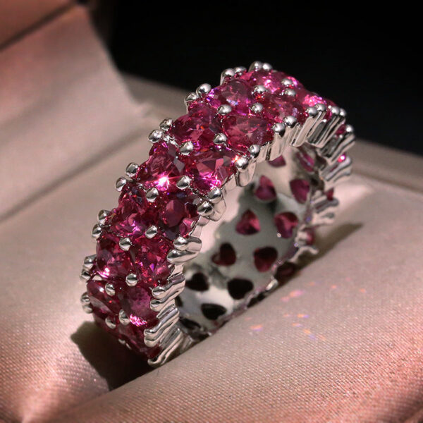 Fashion Lady Sier Pink Heart-shaped Full Diamond Zircon Engagement Bridal Jewelry Christmas Gift Cute Ring