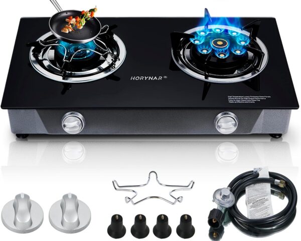 Propane Stove 2 Burner Gas Stove Novel 9 Copper Propane Burners Auto Ignition Tempered Glass with LPG CSA Hose for Outdoor Cooking,Emergency