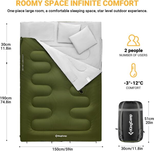 KingCamp Double Sleeping Bag Oxygen with 2 Pillows Queen Size & Extra-Large Rectangular Sleeping Bags for Adults 4 Seasons Waterproof Envelope Sleeping Bag for Camping Festivals Hiking Indoor Outdoor
