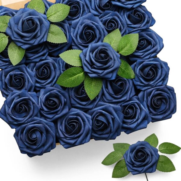 Mocoosy 50Pcs Roses Artificial Flowers, Navy Blue Fake Roses for Decorations, Real Touch Foam Rose with Stems Bulk for DIY Wedding Bouquets Centerpieces Arrangements Valentine's Day Party Home Decor