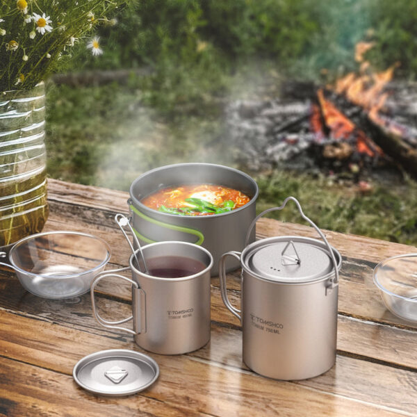 5a21b7e24c95da1c Tomshoo 3 PCS Titanium Cookware Set Ultralight 750ml Pot 450ml Water Cup Mug w Lid Folding Spork for Outdoor Camping Backpacking