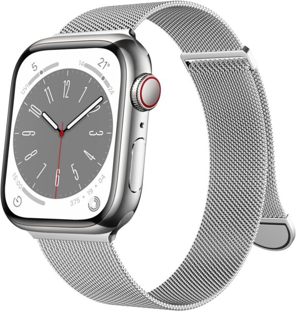 5a3af9e83dffd2fa OULUOQI Compatible with Apple Watch Band Series 9, Ultra/Ultra 2, SE 8 7 6 5 4 3 2 1 38mm 40mm 41mm 42mm 44mm 45mm 49mm Women and Men, Stainless Steel Milanese Loop Magnetic Clasp Replacement for