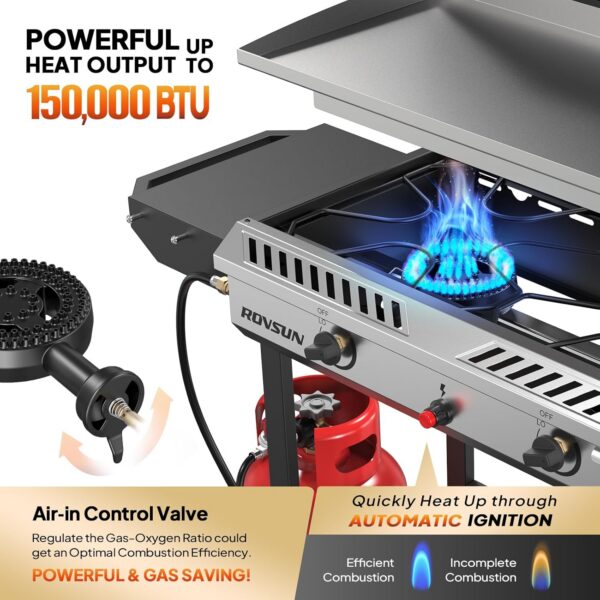ROVSUN 2 Burner Outdoor Propane Gas Stove with Auto-ignition, Regulator & Shelf, 150,000 BTU Powerful Stand Cooker for Backyard Patio Cooking Home Brewing Canning Turkey Frying