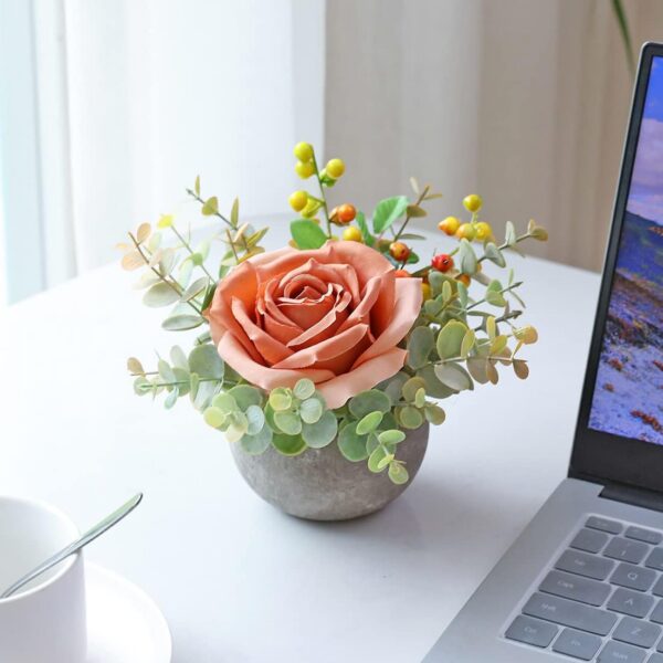 Artificial Flowers Kit with Pot, Combination of Fake Silk Orange Roses and Greenery,Small Plant Potted Decor for Offices,Bookshelf,Bedroom, Living Room,Party,Wedding Decorations…