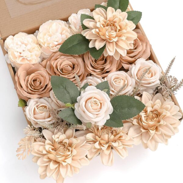 YYHUAWU Artificial Flowers Combo Box Set Gradient Color Flower Leaf with Stems for DIY Wedding Bouquets Centerpieces Baby Shower Party Home Decorations Peach