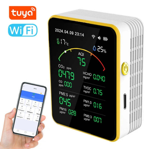 5aa765ebc3900439 Tuya WiFi 15 in 1 Air Quality Detector Household Portable AQI PM0.3 PM1.0 PM2.5 PM10 CO CO2 TVOC HCHO Tester with Alarm Function