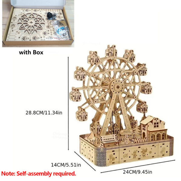 Ferris Wheel Music Box Model with LED Light 3D Wooden Puzzle DIY Assembly Building Kit Home Decoration Crafts Adults Kids Gift