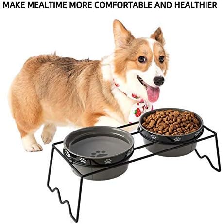 Y YHY Ceramic Raised Pet Bowls 12 oz Capacity 2.75” Height Sturdy Metal Stand, Grey