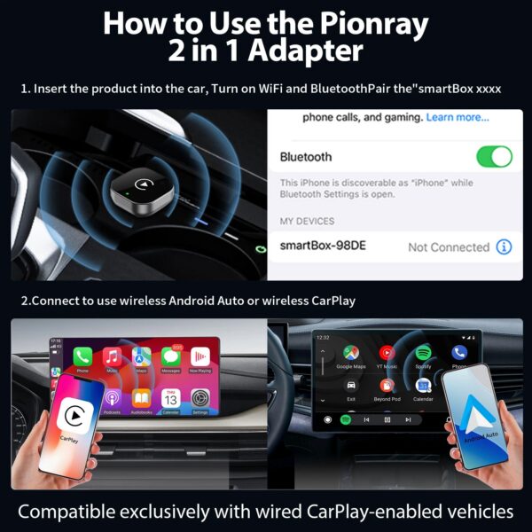 5b67316a32295eca 2026 Pionray 2 in 1 Wireless CarPlay Adapter&Android Auto Wireless Adapter, 5Ghz WiFi Type-C/USB Plug Play CarPlay Wireless
