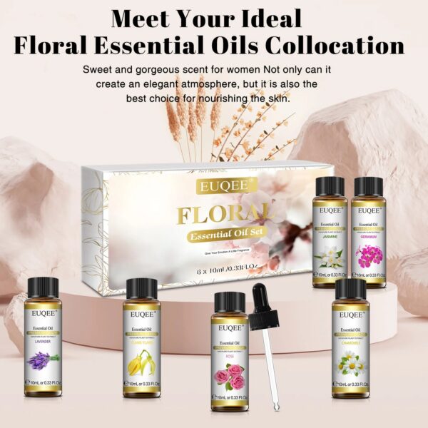 5bd0616cec5aa66e EUQEE 6 Bottles Floral Series Essential Oils Set For Diffuser Candle Making-Rose Lavender Ylang Ylang Jasmine Geranium Chamomile